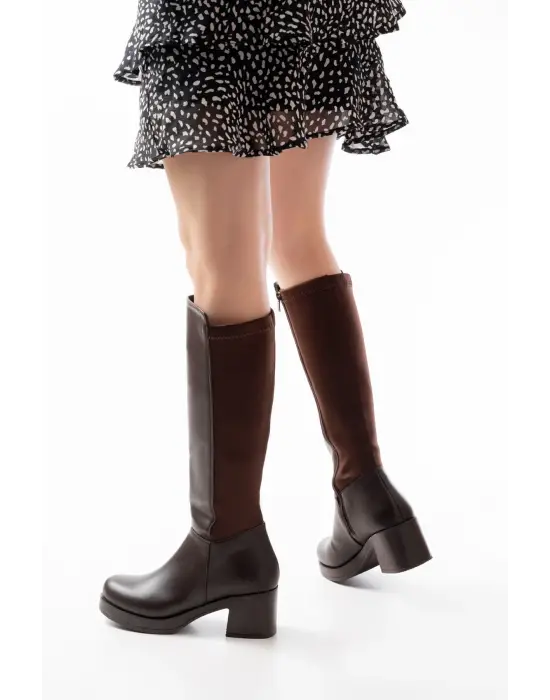 Kahverengi Topuklu Fermuarlı Günlük Kadın Çizme