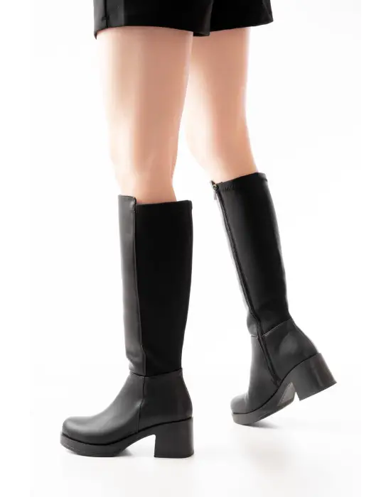 5109-3060 Siyah Topuklu Fermuarlı Günlük Kadın Çizme