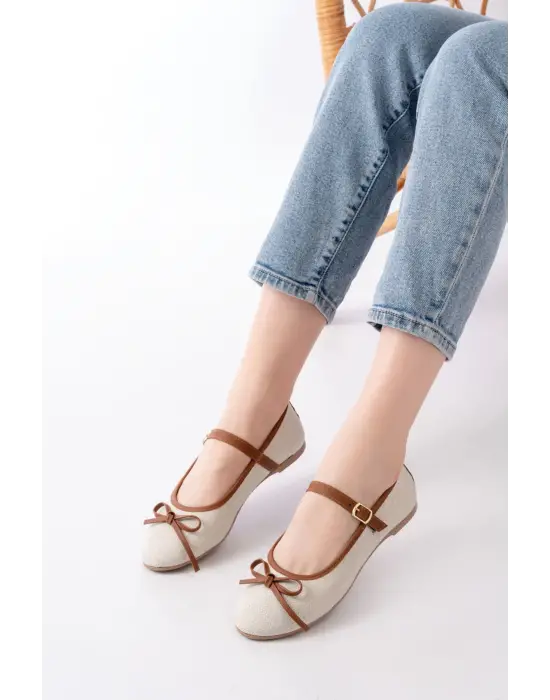 6321 Bej Keten Günlük Baret Tokalı Bayan Babet