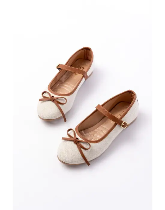 6321 Bej Keten Günlük Baret Tokalı Bayan Babet