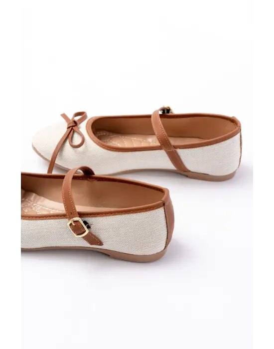 6321 Bej Keten Günlük Baret Tokalı Bayan Babet