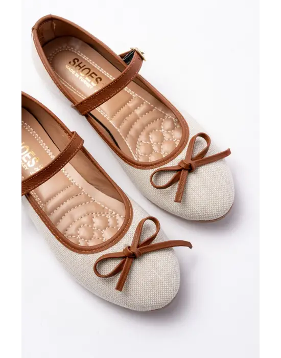 6321 Bej Keten Günlük Baret Tokalı Bayan Babet