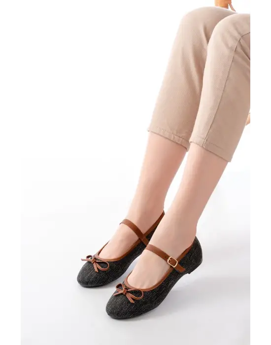 6321 Siyah Keten Günlük Baret Tokalı Bayan Babet