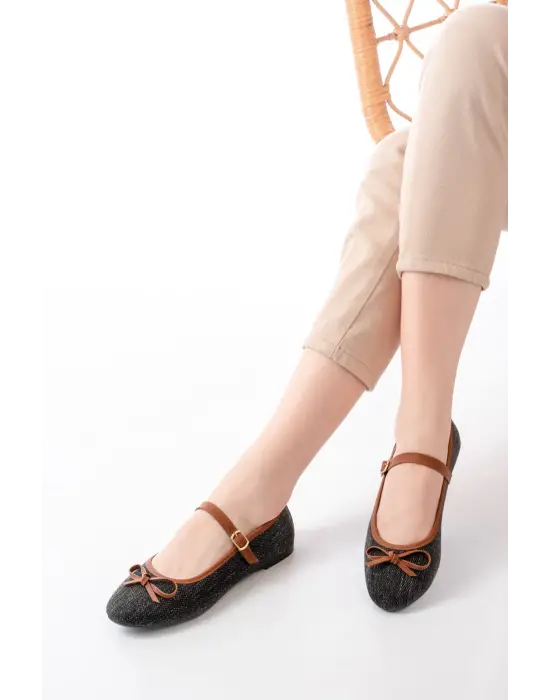 6321 Siyah Keten Günlük Baret Tokalı Bayan Babet