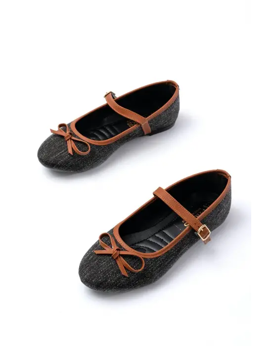 6321 Siyah Keten Günlük Baret Tokalı Bayan Babet