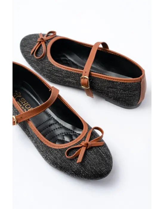 6321 Siyah Keten Günlük Baret Tokalı Bayan Babet