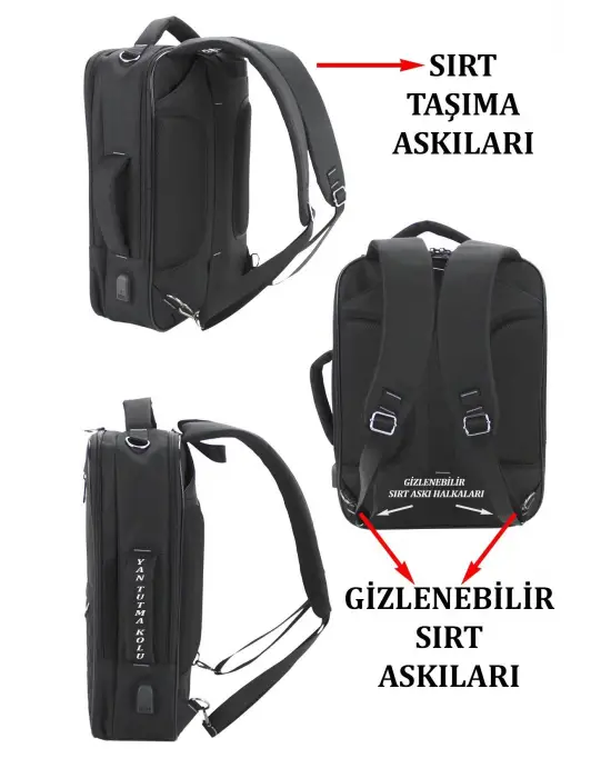 14-16 inç Usb Aparatlı Fonksiyonel Laptop Sırt El ve Omuz Çantası