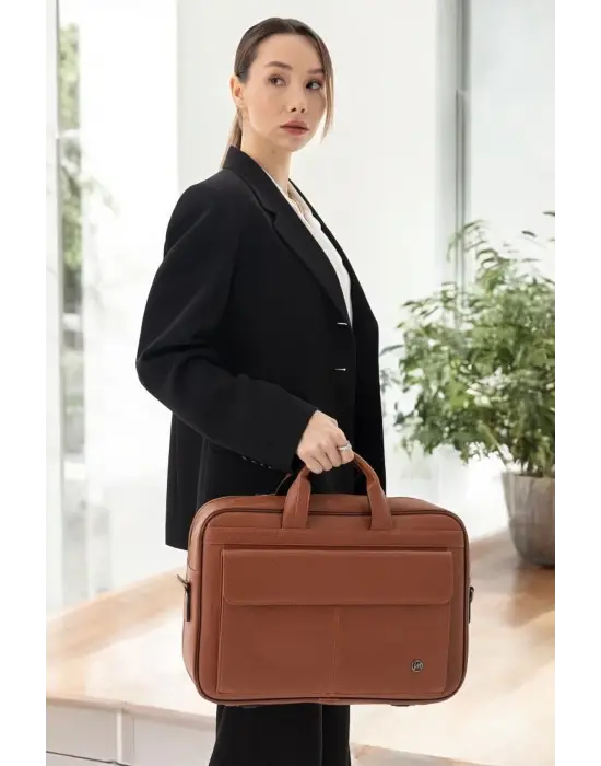 Lüx Kaliteli 16-17 inç Taba Laptop Bölmeli Evrak Çantası
