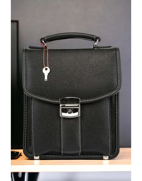 Erkek Kilitli Portföy El Çantası Siyah Büyük Boy