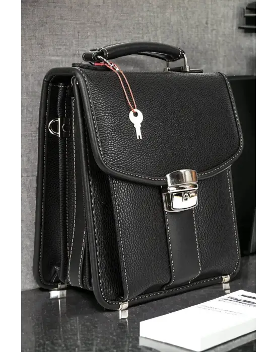 Erkek Kilitli Portföy El Çantası Siyah Büyük Boy