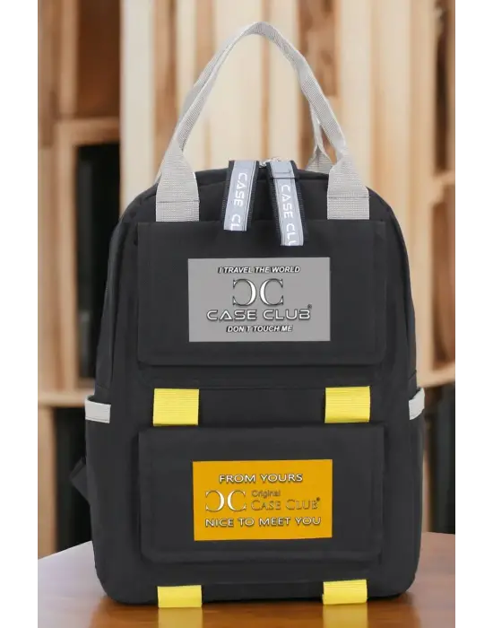 Etiket Desenli Siyah Okul Sırt Çantası