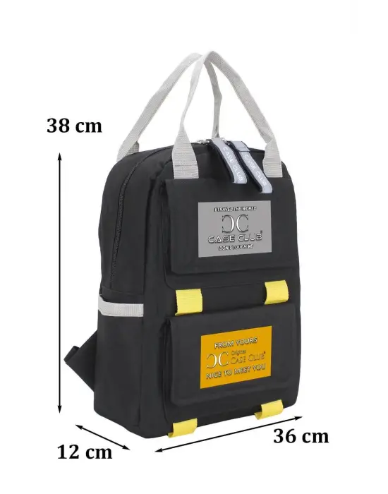 Etiket Desenli Siyah Okul Sırt Çantası