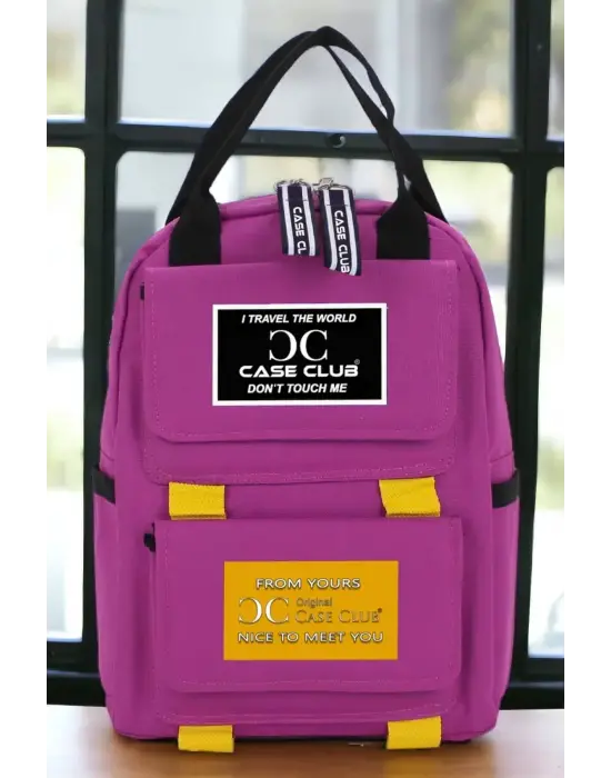 Etiket Desenli Pembe Okul Sırt Çantası