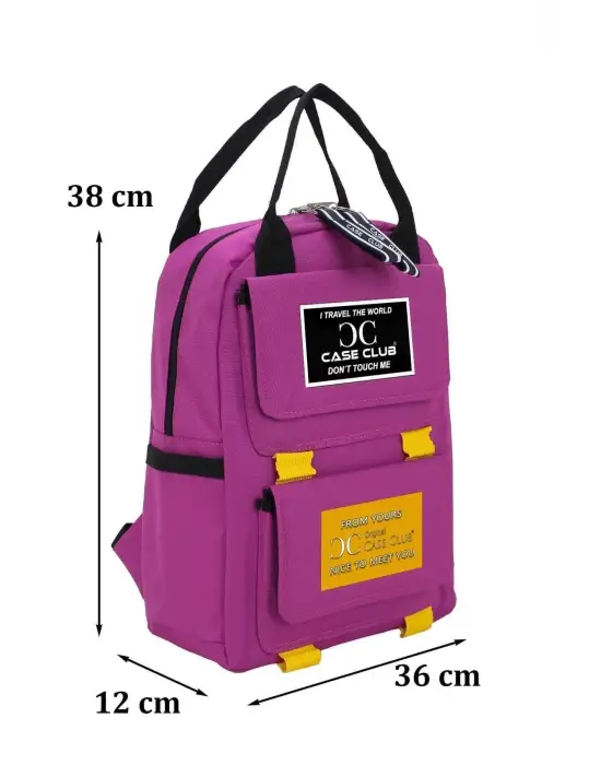 Etiket Desenli Pembe Okul Sırt Çantası