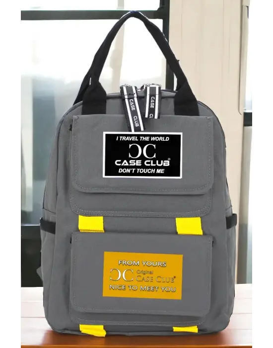 Etiket Desenli Gri Okul Sırt Çantası