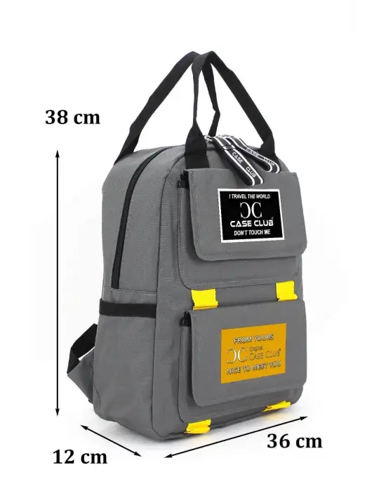 Etiket Desenli Gri Okul Sırt Çantası