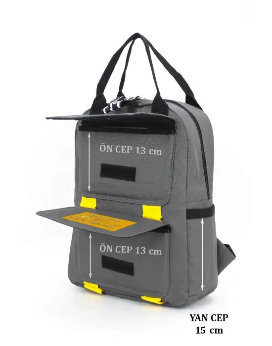 Etiket Desenli Gri Okul Sırt Çantası