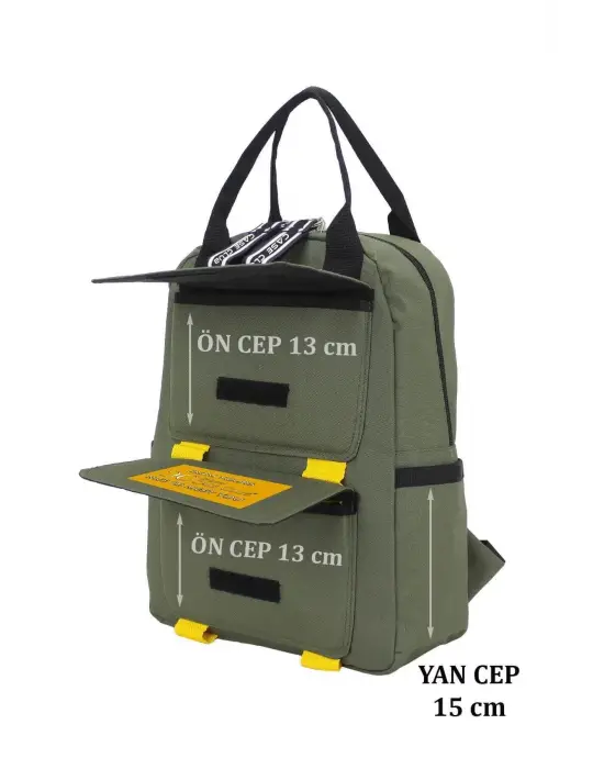 Etiket Desenli Haki Okul Sırt Çantası