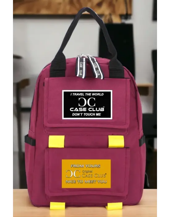 Etiket Desenli Bordo Okul Sırt Çantası