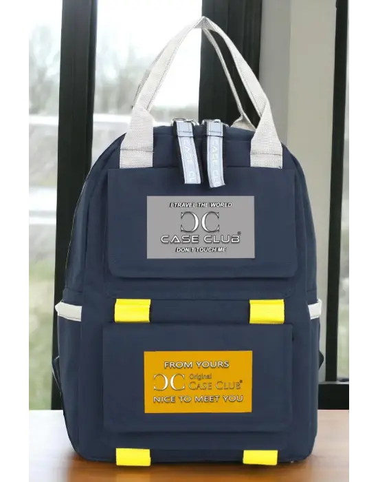 Etiket Desenli Lacivert Okul Sırt Çantası