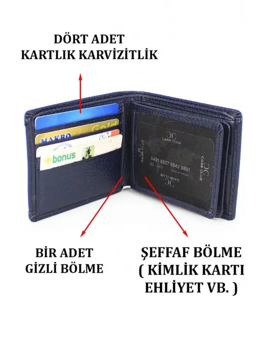 Hakiki Deri Kartlık Bölmeli Lacivert Erkek Cüzdanı