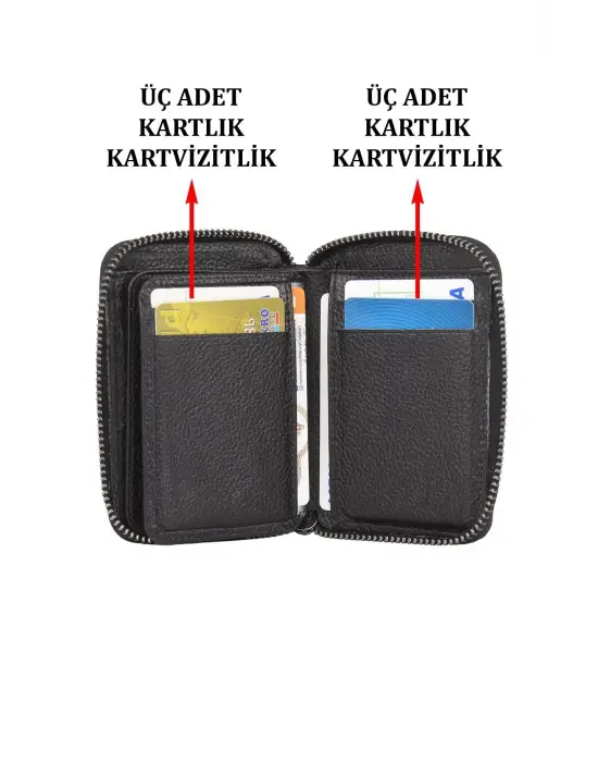 Hakiki Deri Fermuarlı Siyah Kartlık Cüzdan