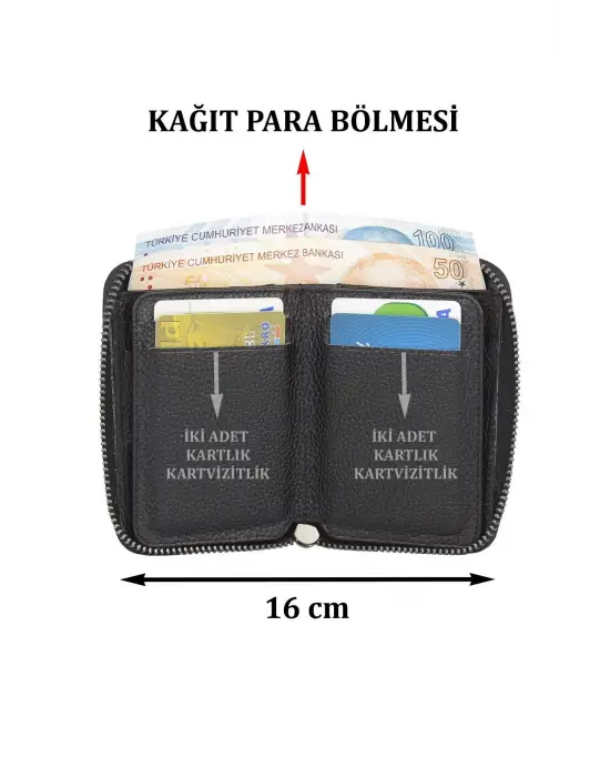 Hakiki Deri Fermuarlı Siyah Kartlık Cüzdan