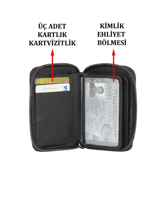 Hakiki Deri Fermuarlı Siyah Kartlık Cüzdan