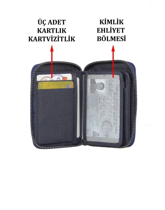 Hakiki Deri Fermuarlı Lacivert Kartlık Cüzdan