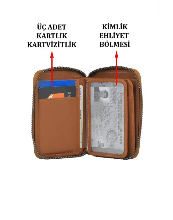 Hakiki Deri Fermuarlı Taba Kartlık Cüzdan