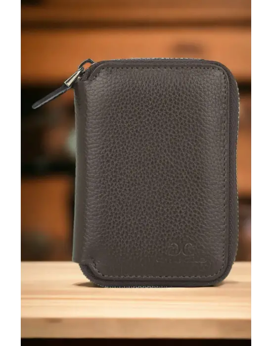 Hakiki Deri Fermuarlı Kahverengi Kartlık Cüzdan