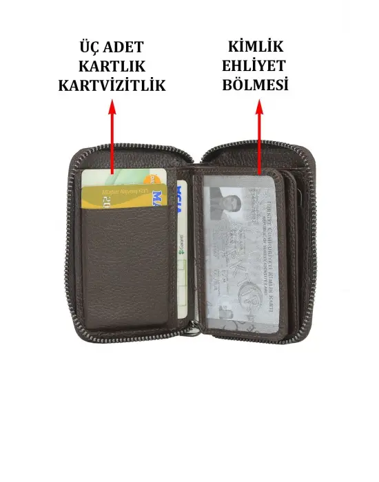 Hakiki Deri Fermuarlı Kahverengi Kartlık Cüzdan