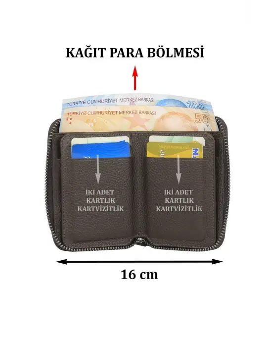 Hakiki Deri Fermuarlı Kahverengi Kartlık Cüzdan
