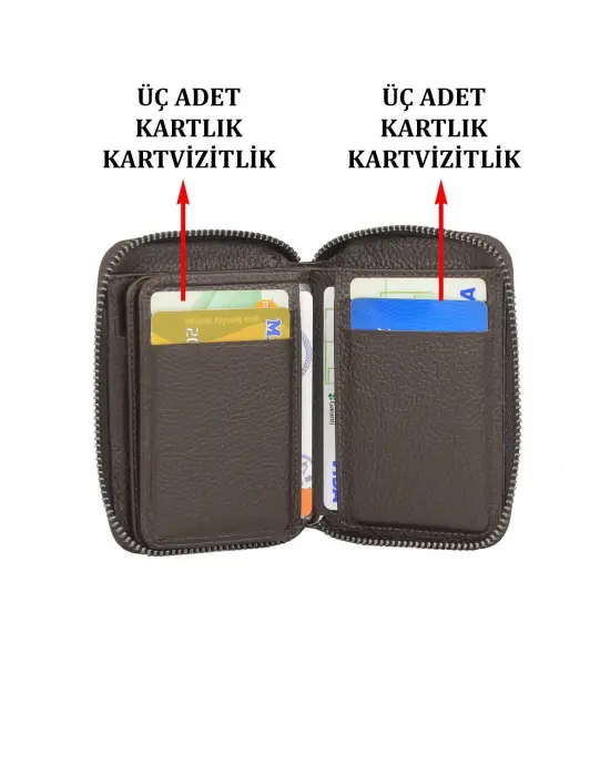 Hakiki Deri Fermuarlı Kahverengi Kartlık Cüzdan