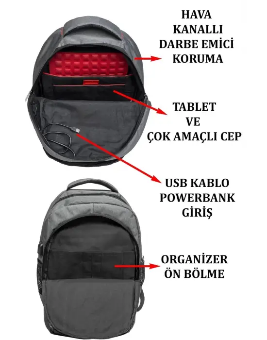 Sportif Darbe Emici Su Geçirmez 13,3-14 inç Antrasit Laptop Sırt Çantası