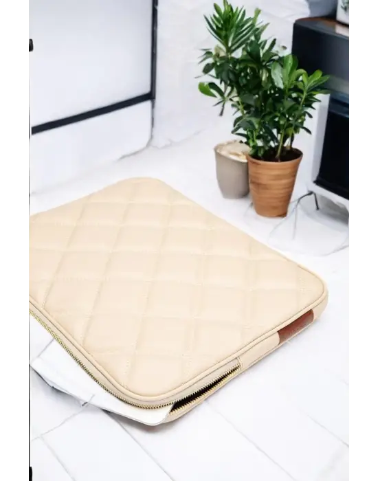 Kapitone 15-16 İnç Bej Notebook Tablet Laptop Kılıfı