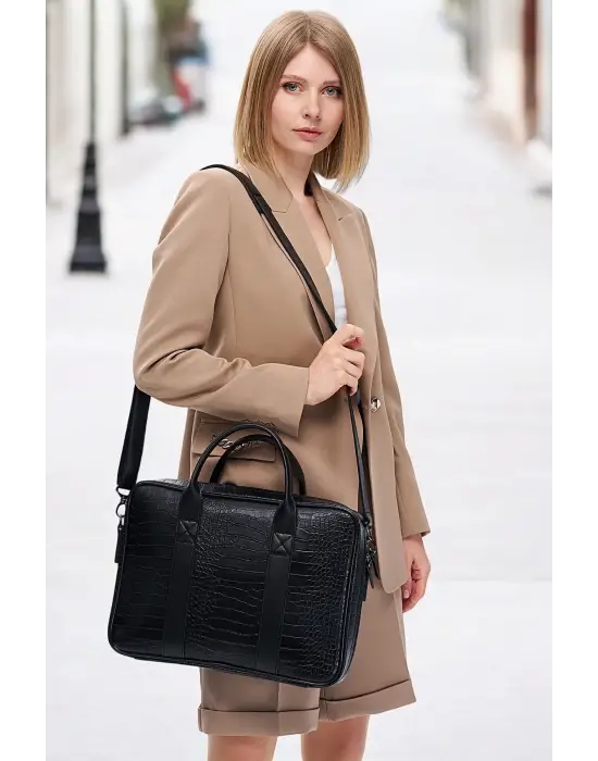 Macbook Fonksiyonel Organizer 13-14 İnç Kroko Siyah Notebook Laptop Evrak Çantası