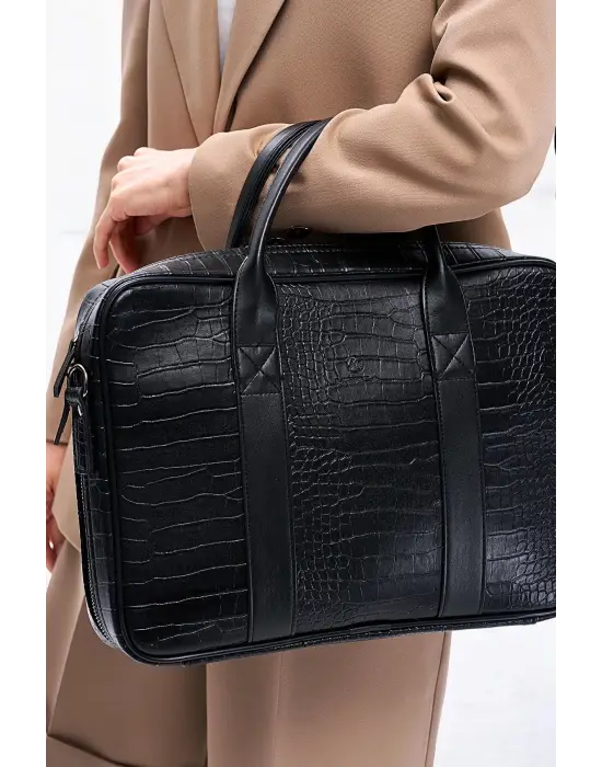 Macbook Fonksiyonel Organizer 13-14 İnç Kroko Siyah Notebook Laptop Evrak Çantası