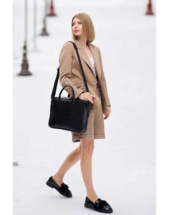 Macbook Fonksiyonel Organizer 13-14 İnç Kroko Siyah Notebook Laptop Evrak Çantası