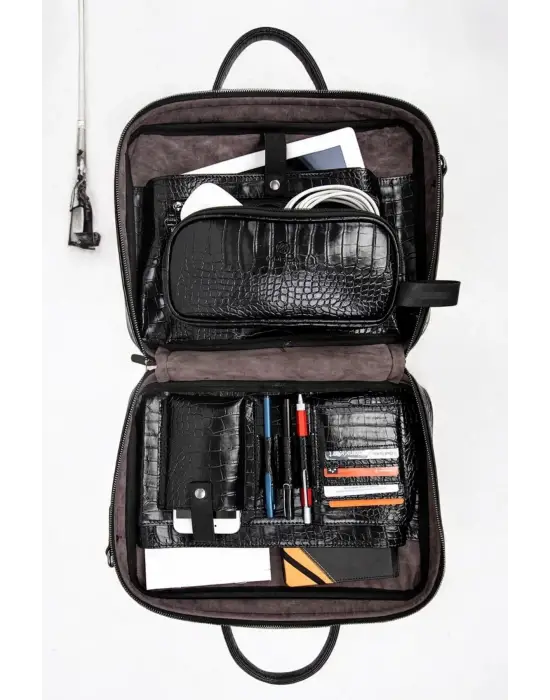 Macbook Fonksiyonel Organizer 13-14 İnç Kroko Siyah Notebook Laptop Evrak Çantası