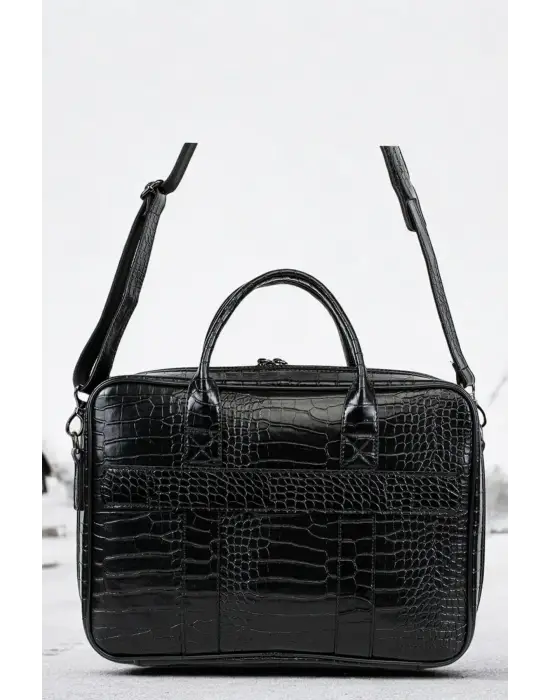 Macbook Fonksiyonel Organizer 13-14 İnç Kroko Siyah Notebook Laptop Evrak Çantası