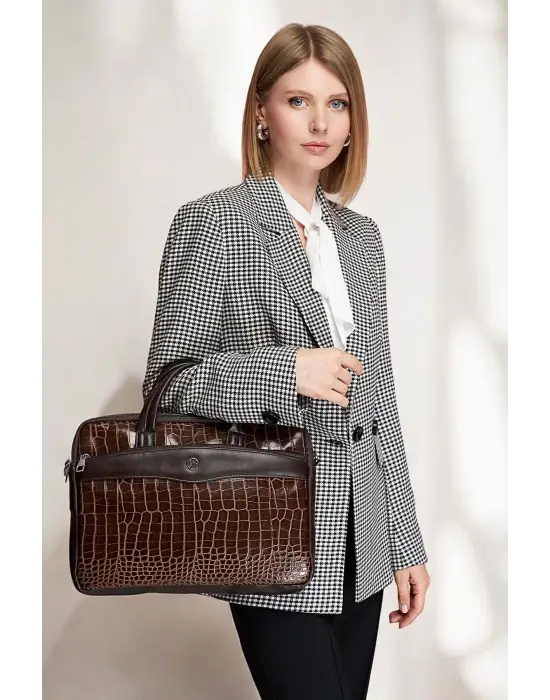 Omuz Askılı 13-14 İnç Kroko Kahverengi Notebook Laptop Evrak Çantası