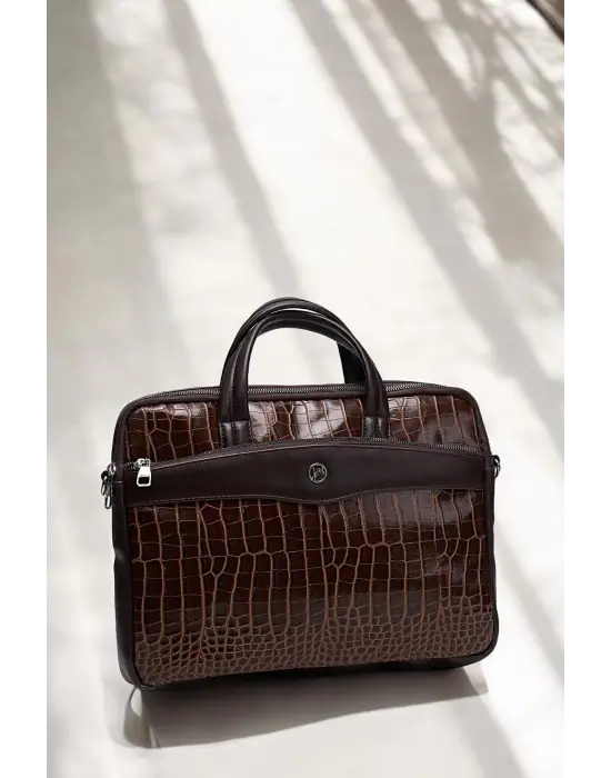Omuz Askılı 13-14 İnç Kroko Kahverengi Notebook Laptop Evrak Çantası