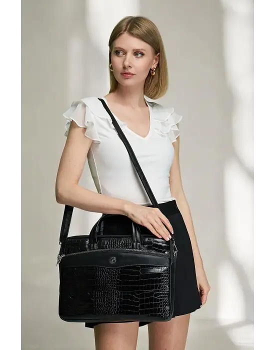 Omuz Askılı 13-14 İnç Kroko Siyah Notebook Laptop Evrak Çantası