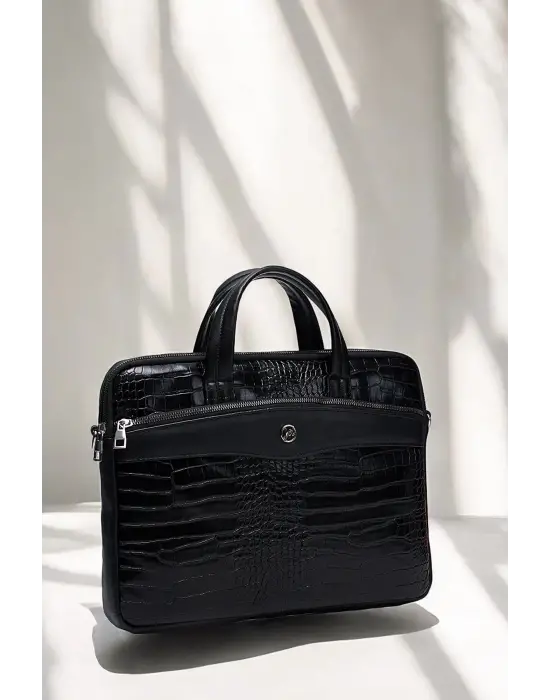 Omuz Askılı 13-14 İnç Kroko Siyah Notebook Laptop Evrak Çantası