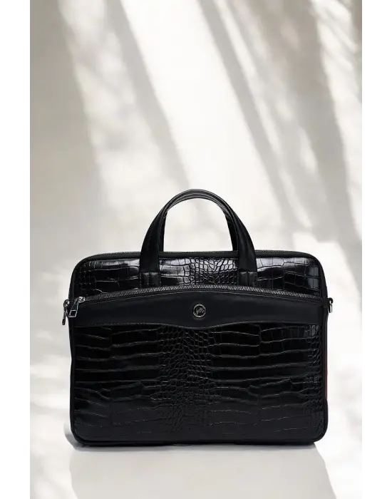 Omuz Askılı 13-14 İnç Kroko Siyah Notebook Laptop Evrak Çantası
