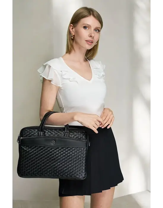 Omuz Askılı 13-14 İnç Hasır Siyah Notebook Laptop Evrak Çantası