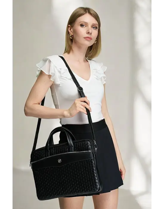 Omuz Askılı 13-14 İnç Hasır Siyah Notebook Laptop Evrak Çantası