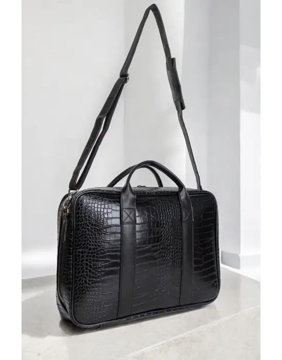 Unisex Lüx Macbook Organizer 15.6-16 İnç Kroko Siyah Laptop Evrak Çantası