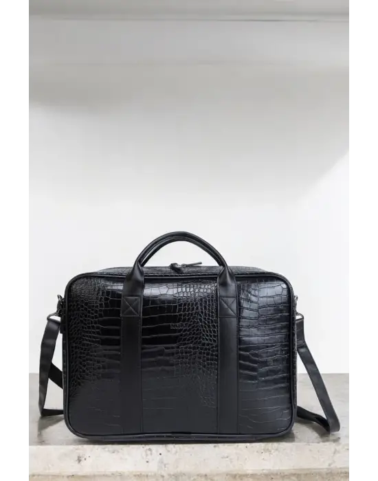 Unisex Lüx Macbook Organizer 15.6-16 İnç Kroko Siyah Laptop Evrak Çantası